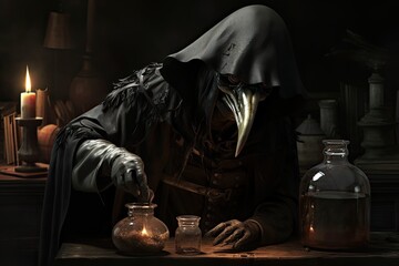 medievil plague doctor preparing to mix potions for protection against old diseases, spooky and mysterious, generated by AI 