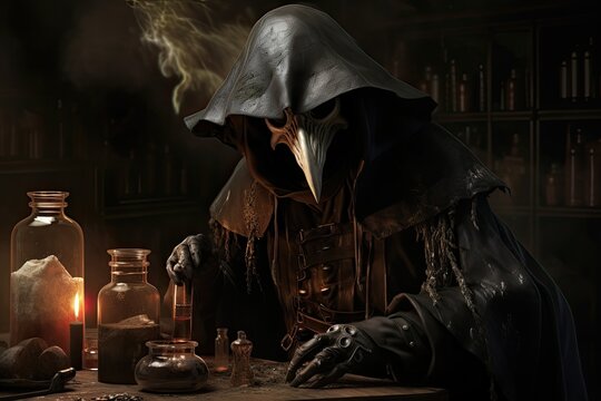 medievil plague doctor preparing to mix potions for protection against old diseases, spooky and mysterious, generated by AI 