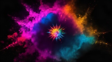 colorful rainbow holi paint color powder explosion like super-nova isolated black wide background