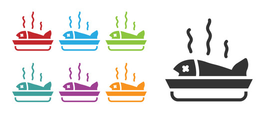 Black Served fish on a plate icon isolated on white background. Set icons colorful. Vector