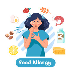 Sneezing woman with food allergy symptoms. Vector illustration in cartoon style, isolated on a white background