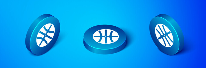 Isometric Basketball ball icon isolated on blue background. Sport symbol. Blue circle button. Vector