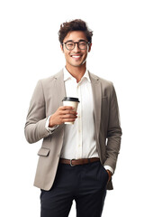 Attractive young man holding coffee to go over isolated transparent background - obrazy, fototapety, plakaty