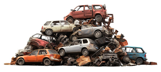 Pile of scrap waste of cars for recycling. Isolated transparent background - obrazy, fototapety, plakaty