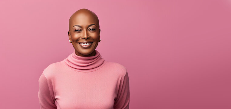 Breast Cancer Survivor Woman on a Pink Banner For Breast Cancer Awareness Month with Space for Copy