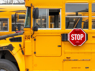 View of the drivers side of a yellow school bus in a parking lot.	