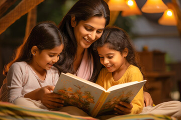 Obraz premium Mother reading a book to her children, her words igniting their imagination and eliciting joyful expressions in this family moment, generative ai