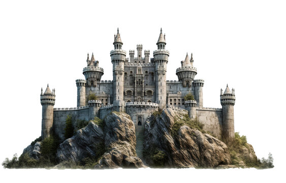 Medieval Castle over big rocks over white transparent background