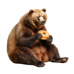 a hungry Grizzly/Brown bear eating a big donut, Fun-themed, photorealistic illustration in a PNG, cutout, and isolated. Generative AI
