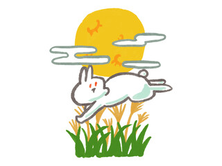 兎と月とススキの手書き水彩風イラスト
