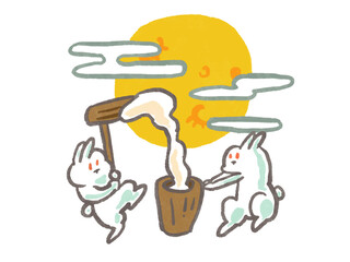 餅つきをするうさぎたちと月の手書き水彩風イラスト