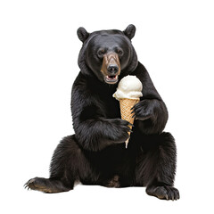 Fototapeta premium a hungry Black bear eating a vanilla ice cream cone, Fun-themed, photorealistic illustration in a PNG, cutout, and isolated. Generative AI