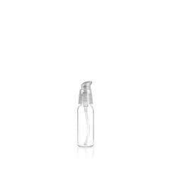 Transparent rounded cylindrical PET bottle container with transparent lotion pump on white background. Packaging of antiseptic. Template of a bottle for cosmetics and medical products.