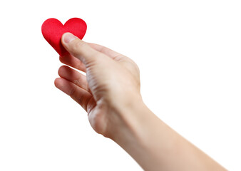 Male hand holding a red heart, cut out