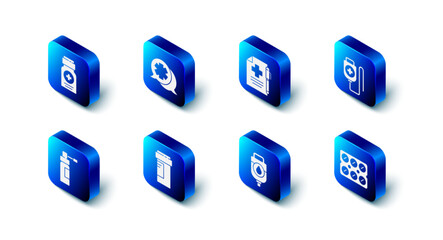 Set Dialogue with the doctor, Medical prescription and pen, IV bag, Pills in blister pack, Medicine bottle, Bottle nozzle spray and icon. Vector