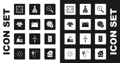 Set Lightning bolt, Car battery, Solar energy panel, Electrical outlet, Global power planet, Garbage bag with recycle, Bio fuel barrel and Factory icon. Vector
