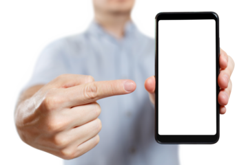 Man holding a smartphone and pointing at its screen, cut out