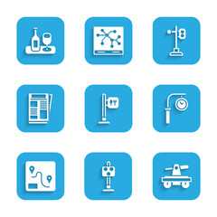 Set Cafe and restaurant location, Train traffic light, Draisine or handcar, station clock, Route, News, and Wine bottle with glass icon. Vector