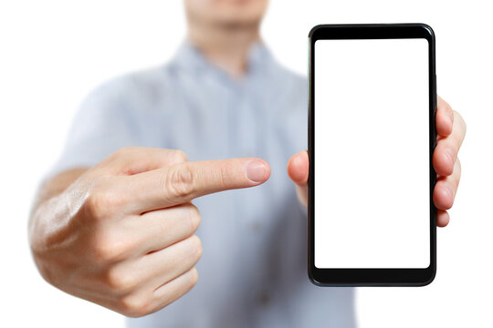 Man holding a smartphone and pointing at its screen, cut out