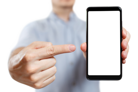 Man holding a smartphone and pointing at its screen, cut out