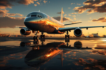 Cargo airplane on runway at sunset