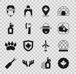 Set Canadian maple leaf, Montreal Biosphere, Canada, Wooden axe, Bottle of syrup, Hockey helmet and ranger hat icon. Vector