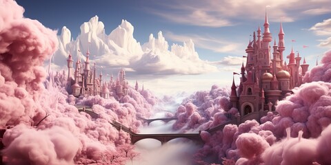 Magic pastel pink landscape with fairytale castle in a cotton candy world, generative AI