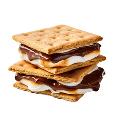 a delicious Smore with melted Chocolate crunchy Graham Cracker and a gooey Marshmellow, camping, isolated,  Food-themed, photorealistic illustrations in a PNG, cutout, and isolated. Generative AI