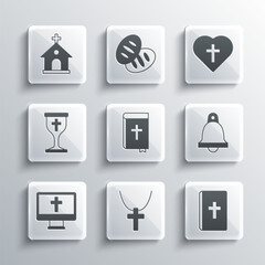 Set Christian cross on chain, Holy bible book, Church bell, monitor, chalice, building and heart icon. Vector