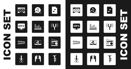 Set MP3 file document, Music equalizer, MP4, Guitar amplifier, Musical tuning fork, note, tone, Radio and Xylophone icon. Vector