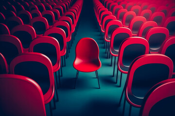 one red chair standing out among row of black chairs. Generative AI