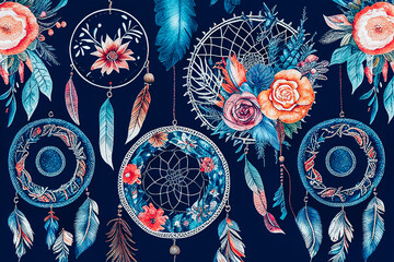 seamless watercolor ethnic boho floral pattern dreamcatcher background Generative AI