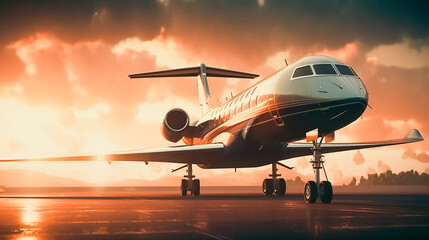 Fototapeta na wymiar airplane or private jet in sunset; generative AI