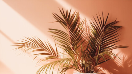 shadow of palm tree leaves on light beige wall, generative AI