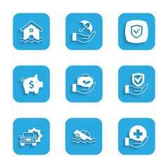 Set Travel suitcase in hand, Flood car, Life insurance, Shield, Car accident, Piggy bank, and House flood icon. Vector