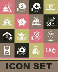 Set Money with shield, Umbrella, Contract, Life insurance, Piggy bank, House flood, Car damaged by fallen tree and icon. Vector