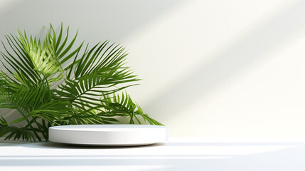 Beautiful foliage of tropical plant tree in sunlight, leaf shadow on table counter and white wall with space in background for product display backdrop. Generative AI.