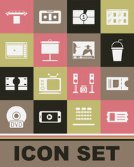Set Cinema ticket, Paper glass with straw, Old film movie countdown frame, Projection screen, Online play video, Limousine car and carpet and icon. Vector