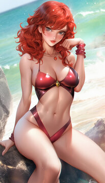 A sexy girl with a beautiful body in a bikini poses on the shore of a sandy sunny beach. Created with AI.