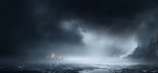 Obraz premium Boat in the far in a stormy sea with dark clouds.