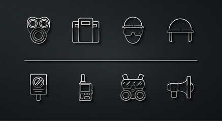 Set line Gas mask, Protest, Military helmet, Walkie talkie, Police assault shield, Megaphone and Special forces soldier icon. Vector