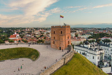 Aerial view of Gediminas Tower, the remaining part of the Upper Castle in Vilnius, Lithuania. - obrazy, fototapety, plakaty