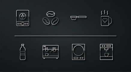 Set line Electronic coffee scales, Bottle water, Coffee cup and heart, machine, beans, and filter holder icon. Vector