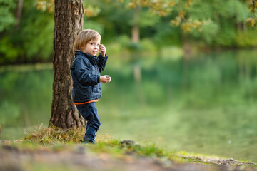 Adorable toddler boy admiring the Balsys lake, one of six Green Lakes, located in Verkiai Regional...