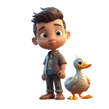 3D Render of a Little Boy with Duckling on White Background