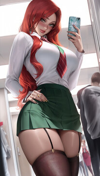 Anime, a sexy girl in a short skirt takes a selfie photo on a smartphone, a view from a lower angle in the subway train. Created with AI.