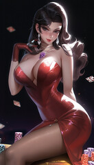 A sexy and beautiful girl poses against the backdrop of an expensive casino, a rich woman in a gambling establishment. Created with AI.