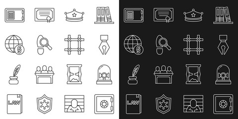 Set line Safe, Flasher siren, Fountain pen nib, Police cap with cockade, Footsteps, International law, and Prison window icon. Vector