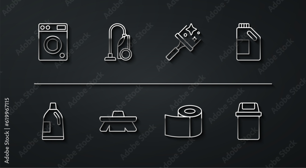 Wall mural Set line Washer, Bottle for cleaning agent, Toilet paper roll, Brush, Vacuum cleaner, Trash can and Rubber windows icon. Vector