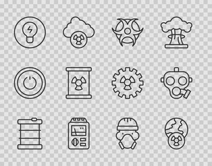 Set line Radioactive waste in barrel, Planet earth and radiation, Biohazard symbol, Dosimeter, Light bulb with concept of idea, Nuclear reactor worker and Gas mask icon. Vector